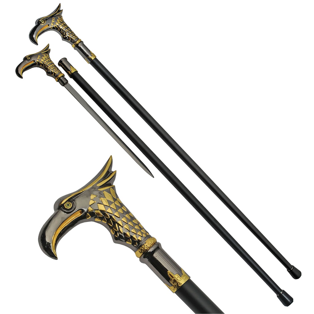 Regal Eagle Head Threaded-Lock Sword Cane - Gold & Silver