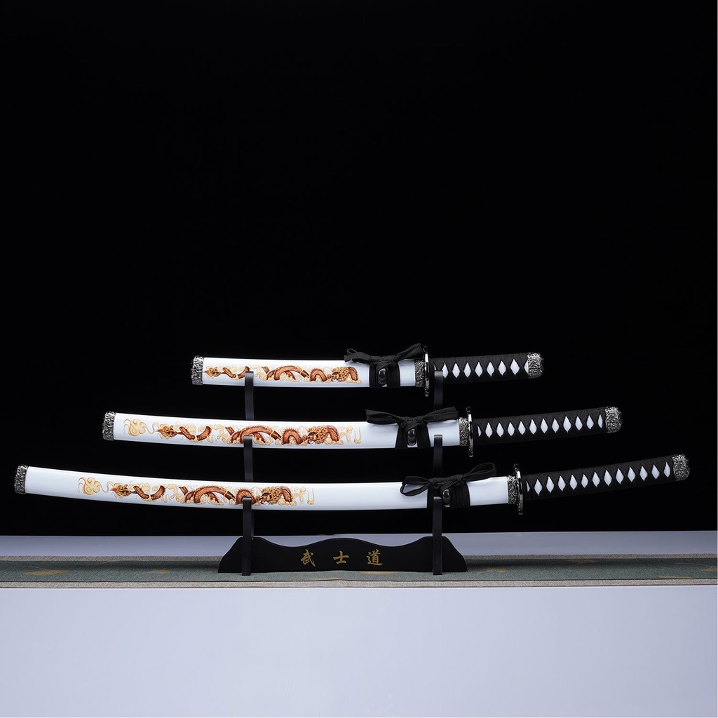 White Dragon Display Three-Piece Samurai Sword Set - Glossy White