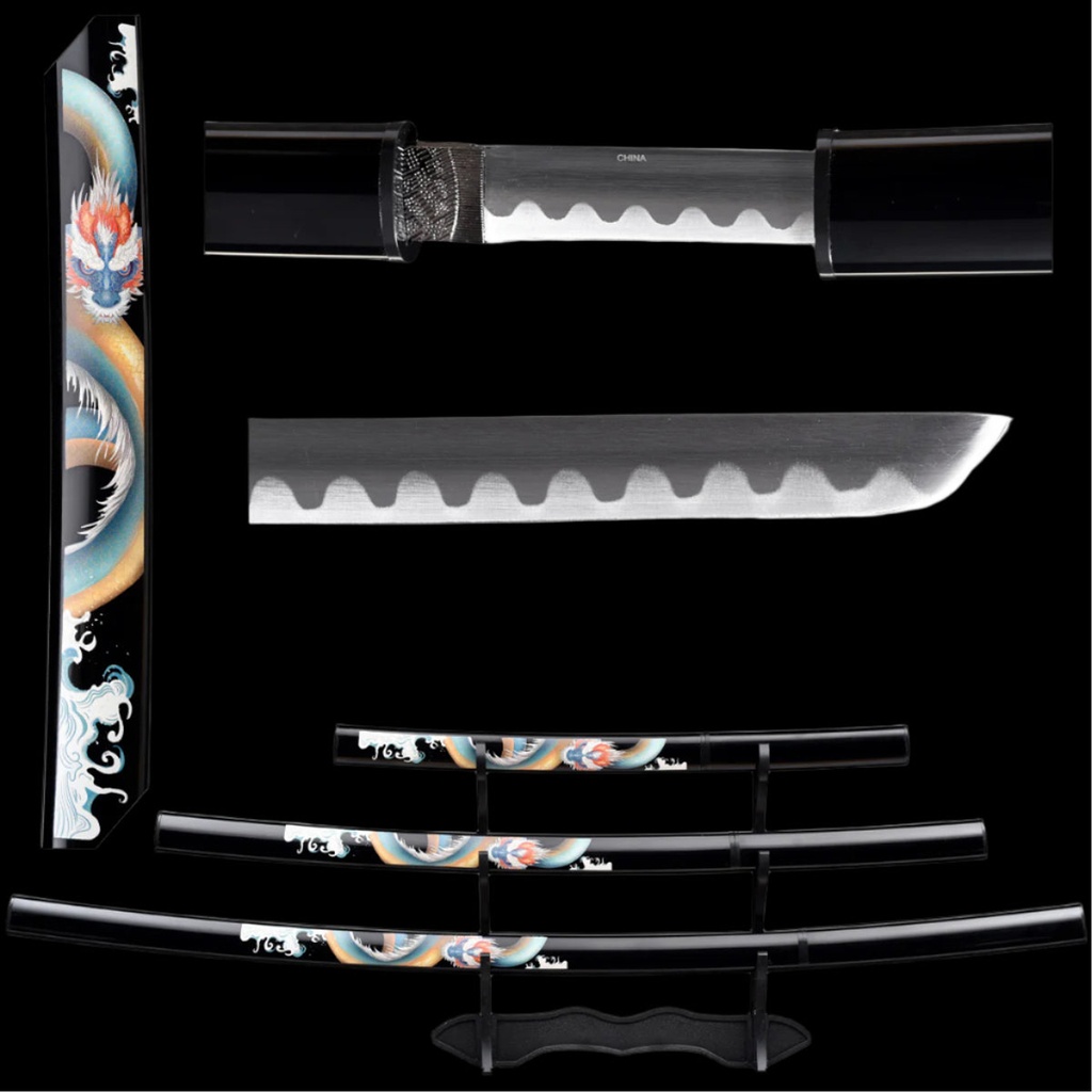 Dragon Lineage Decorative Samurai Sword Set - Burgundy Scabbards