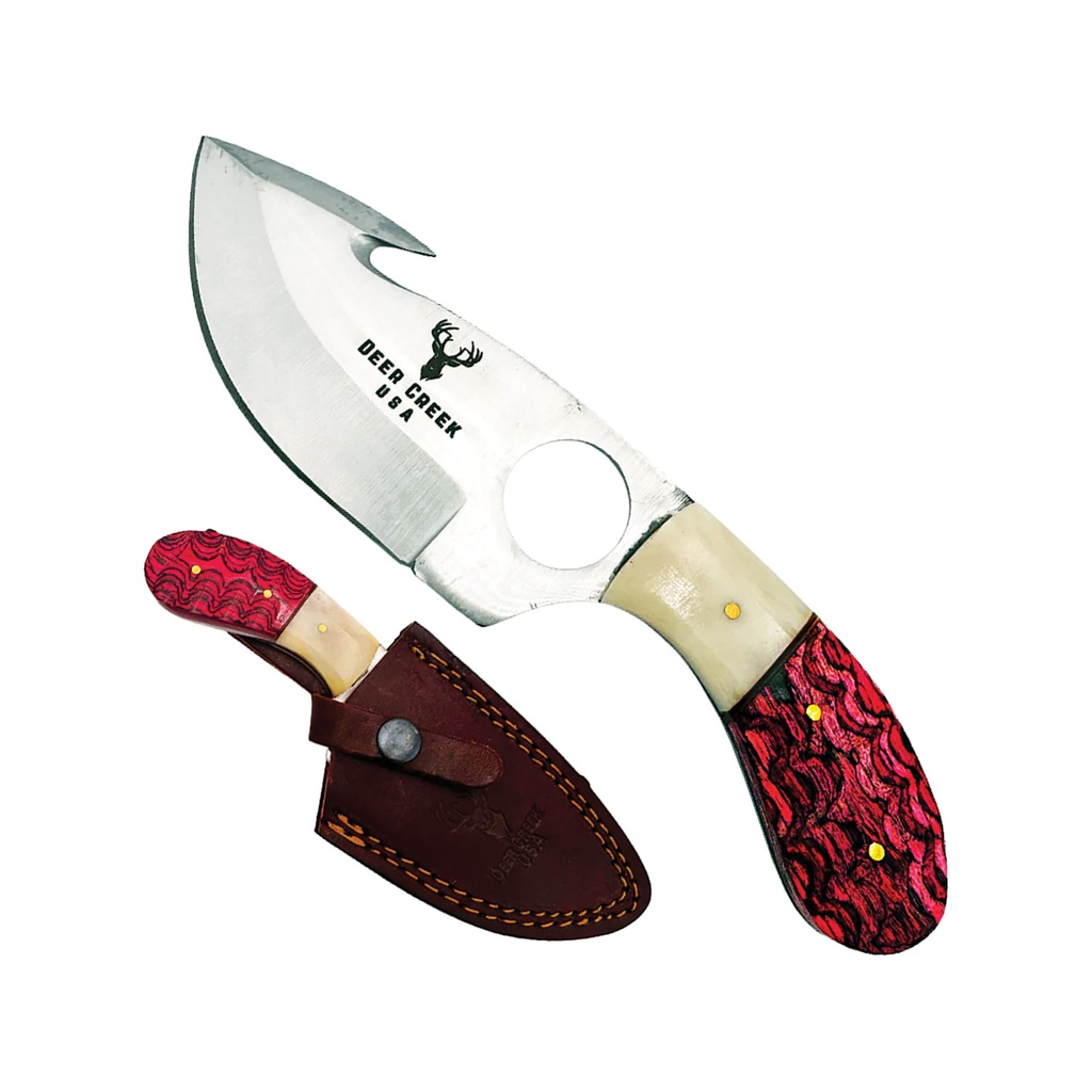 Trail-Ring Control Skinner Gut Hook Hunting Knife - Red Pakkawood & Bone