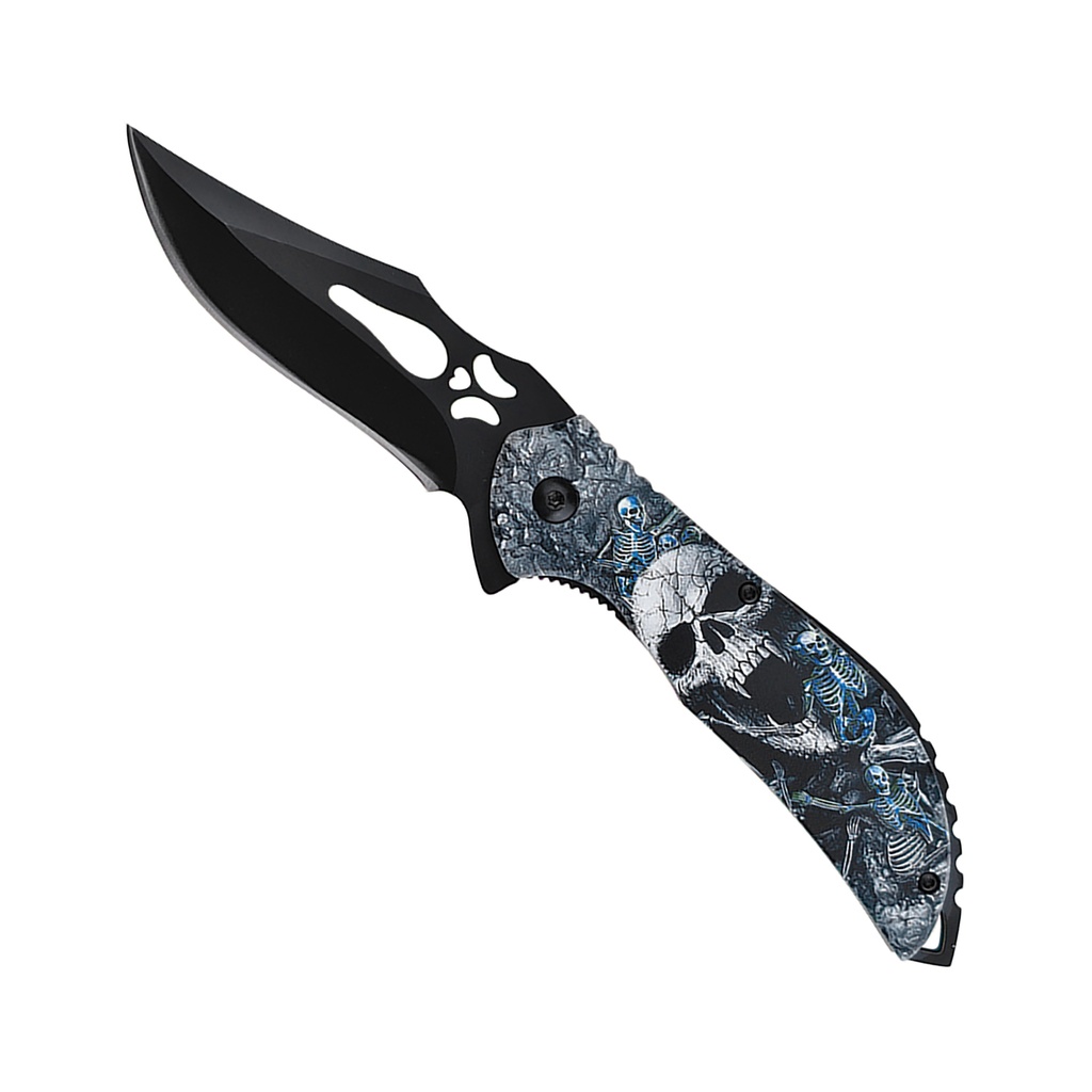 Midnight Phantom Skull Quick-Deploy Spring-Assisted Knife - Black Oxide