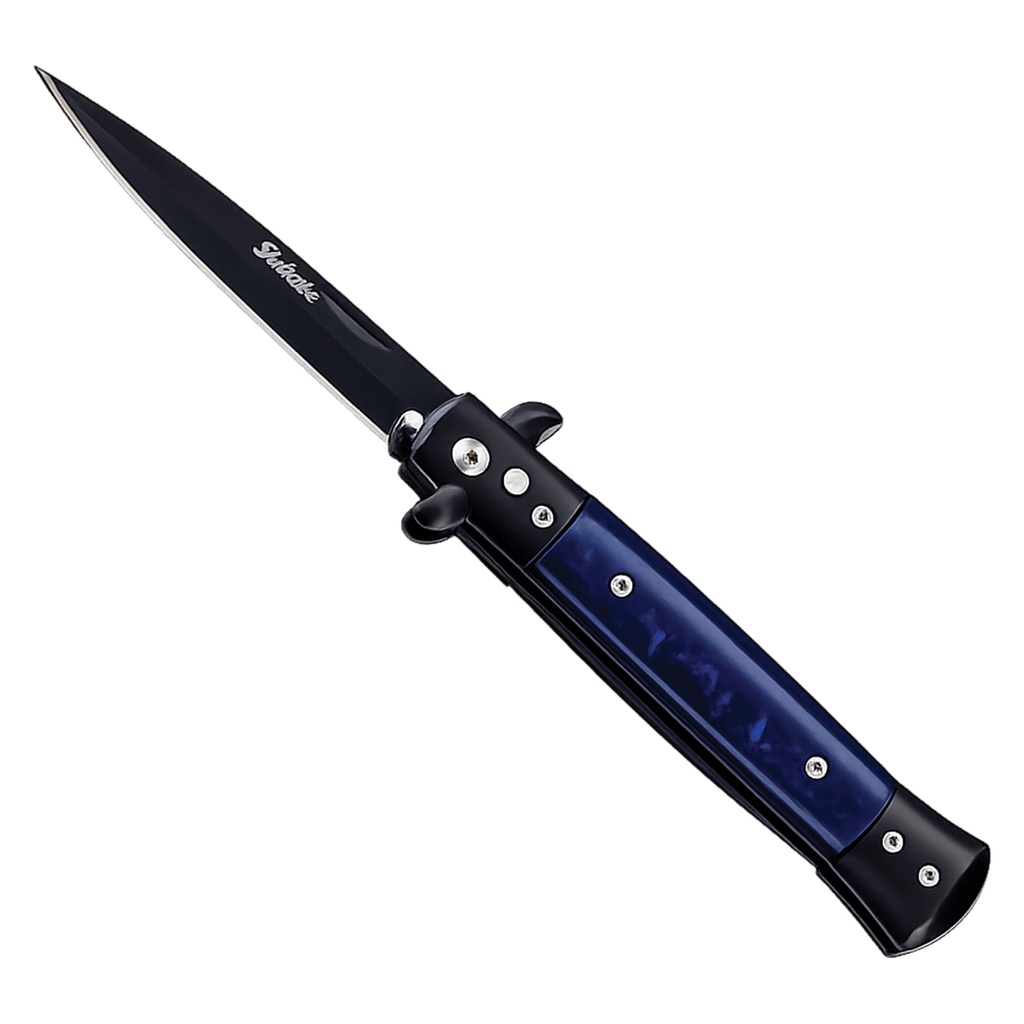 Milano Blue Marble Quick-Deploy Stiletto Automatic Knife - Black Blade