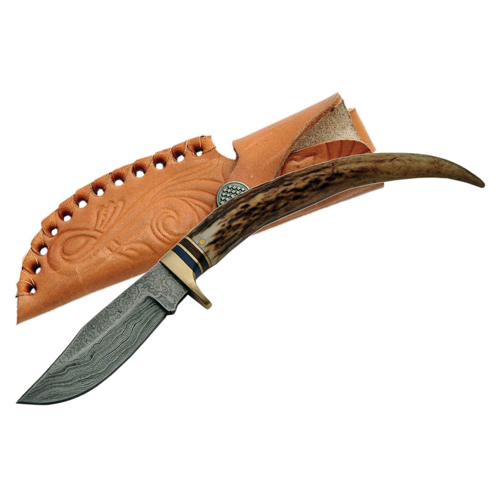 Frontier Stag Damascus Hunter Knife - Natural Horn