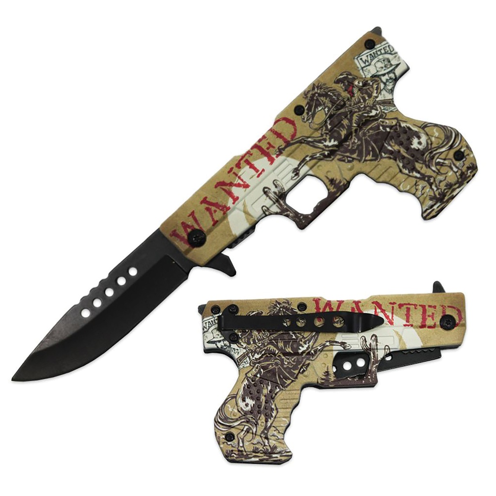 Wanted Outlaw Western-Style Assisted Folding Knife - Tan Aluminum