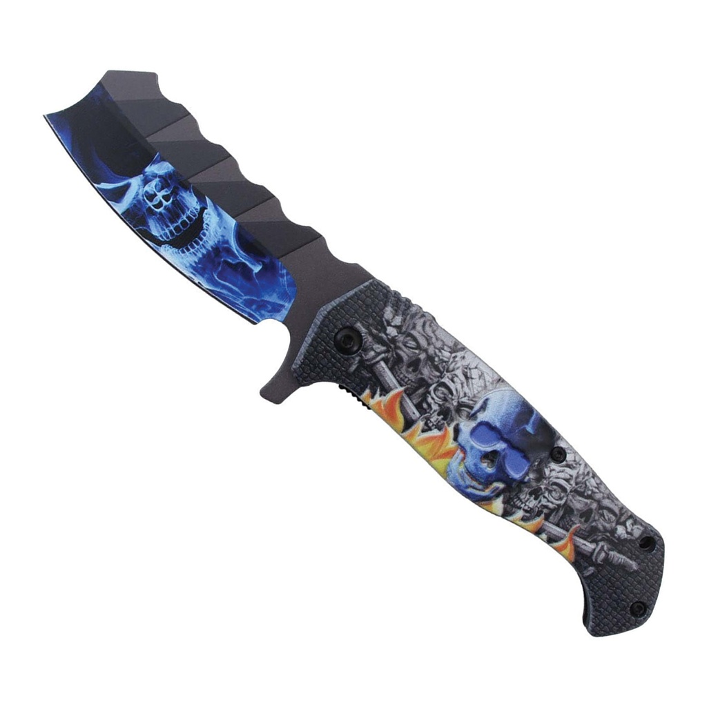 Inferno Reaper Cleaver-Style Assisted Folding Knife - Flaming Skulls